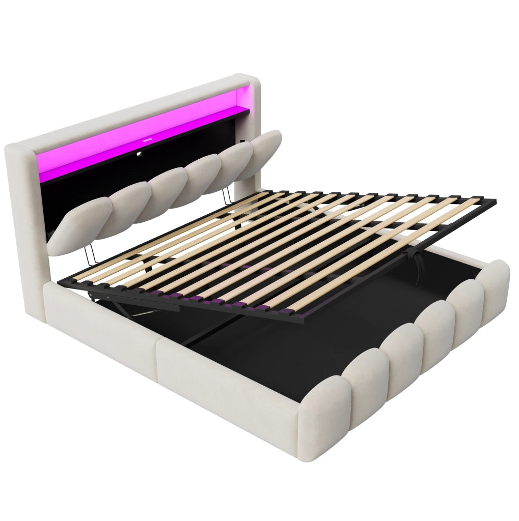 Letto imbottito beige 180 x 200 cm con contenitore, LED e prese