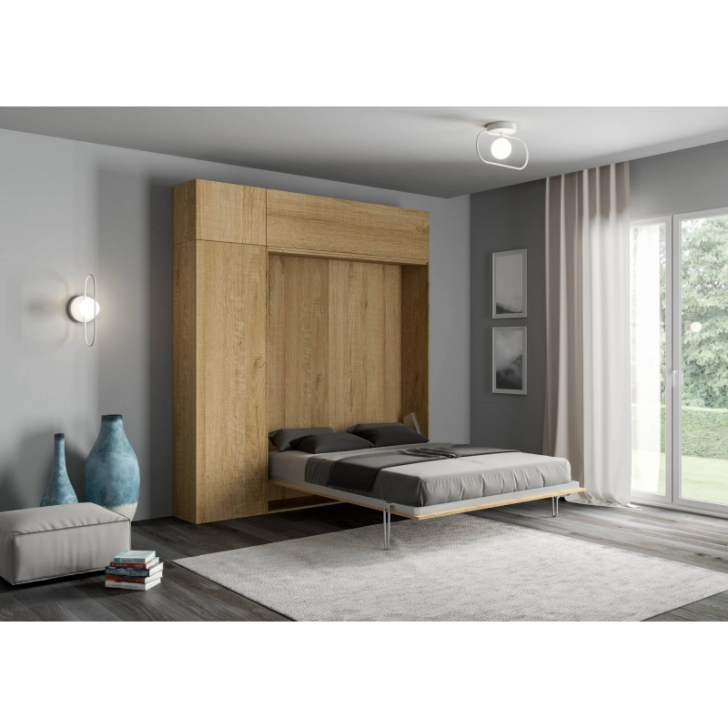 Letto a scomparsa 160 verticale Kentaro con colonna e pensili - Quercia Natura