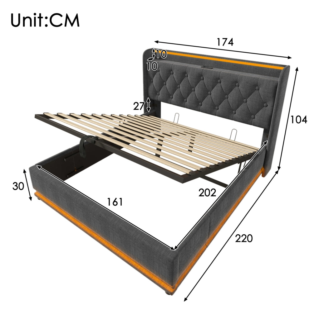 Letto matrimoniale 160x200 cm in lino grigio con LED; contenitore idraulico e ricarica USB Type-C
