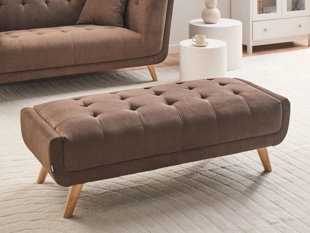 Pouf rettangolare in tessuto color marrone scuro, stile retrò, per soggiorno, con gambe in legno