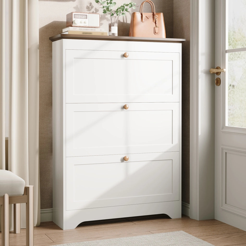 Scarpiera salvaspazio con 3 ribalte 87 x 26 x 120 cm in MDF bianco con piano marrone