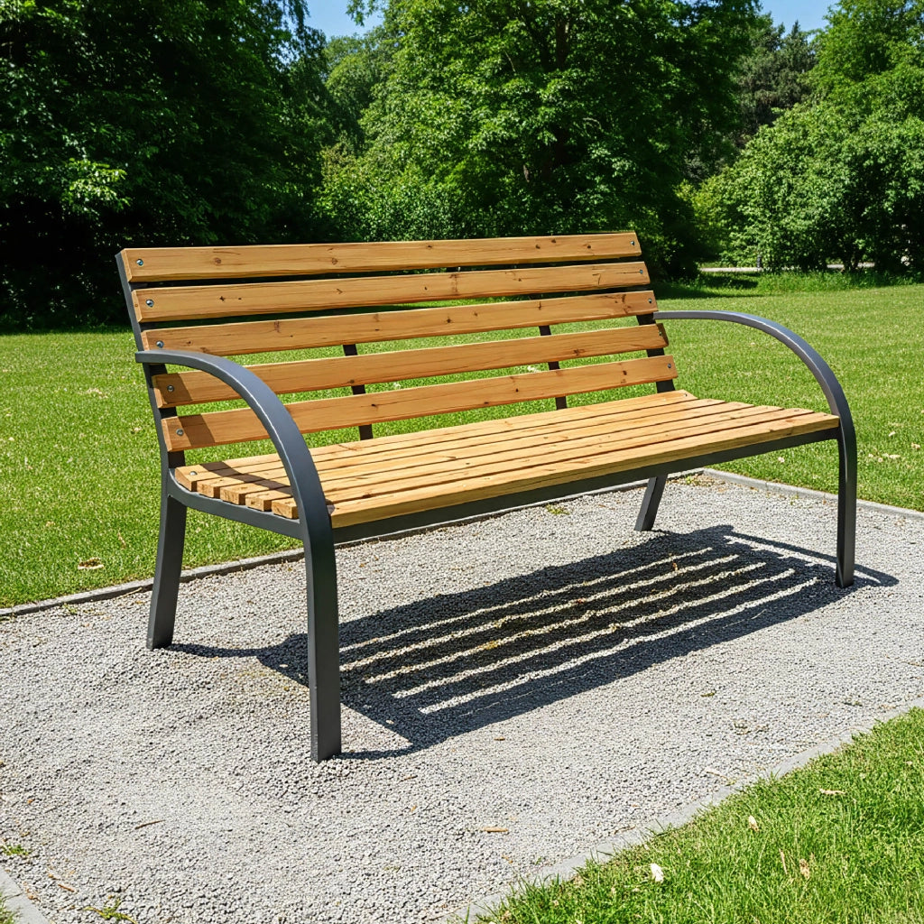 Panchina da Giardino 2 Posti in Legno e Acciaio 120 cm con Braccioli – Panca da Esterno per Terrazzo, Balcone e Giardino – Design Resistente e Comfort Naturale