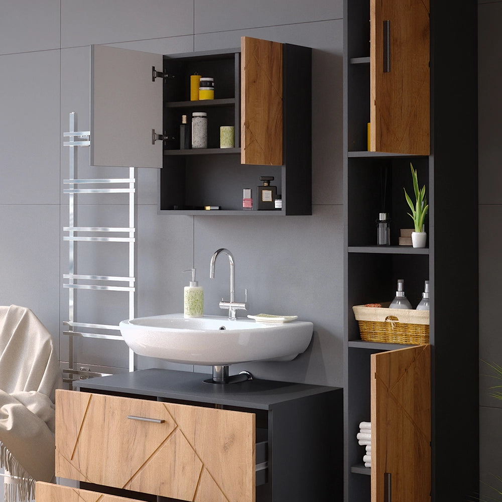 Vicco Set mobili bagno Quercia dorata/antracite 3 parti, con cassettiera e colonna