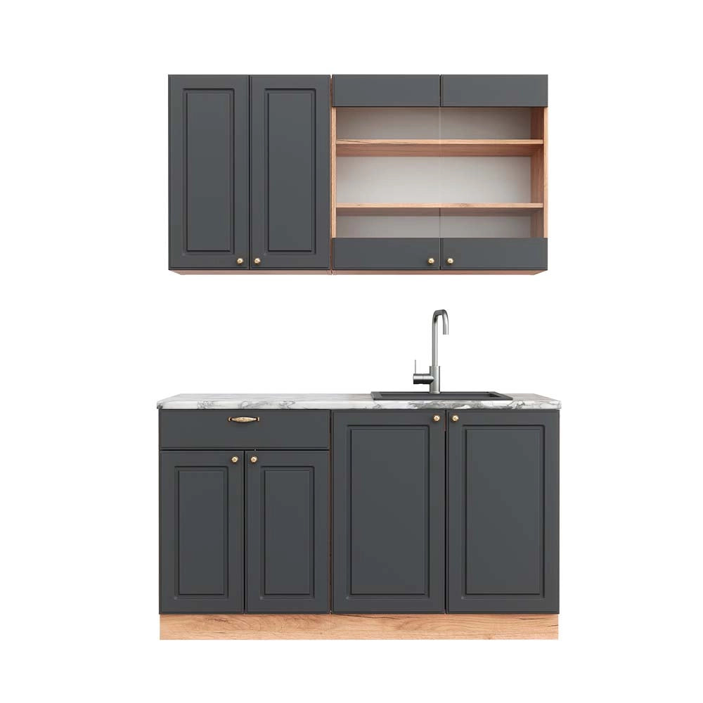 Cucina completa Fame-Line Antracite rustico/Rovere dorato 140 cm, PL Marmo Vicco