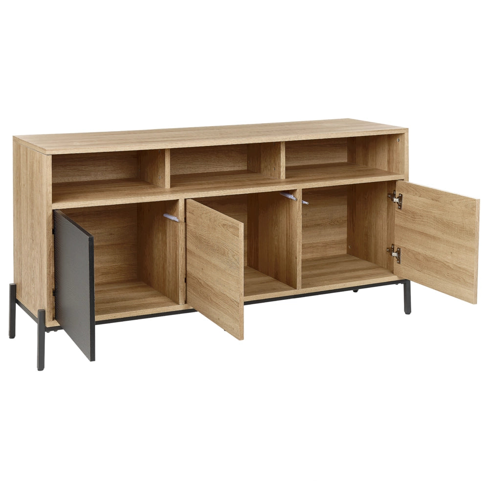Credenza a 3 ante in legno chiaro e MDF grigio con finitura in carta 3 ante aperte