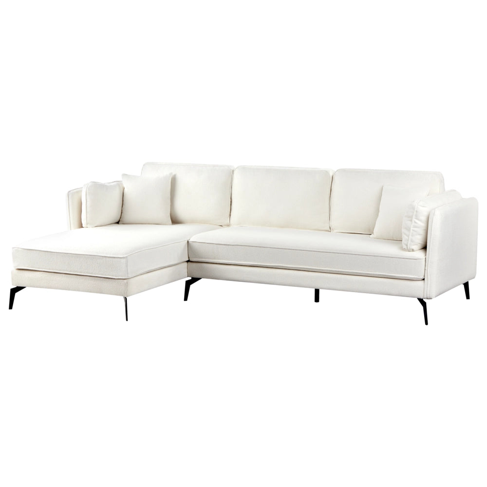 Divano angolare destro Bianco sporco Boucle Gambe in metallo Schienale a cuscino Cuscini sparsi Design moderno