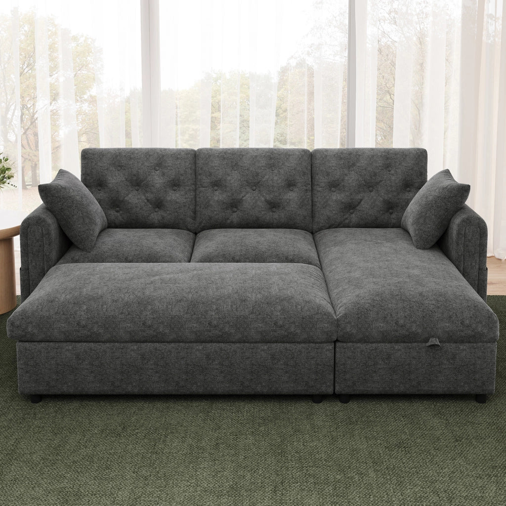 Divano angolare convertibile in velluto con chaise longue reversibile, pouf contenitore e tasche laterali grigio