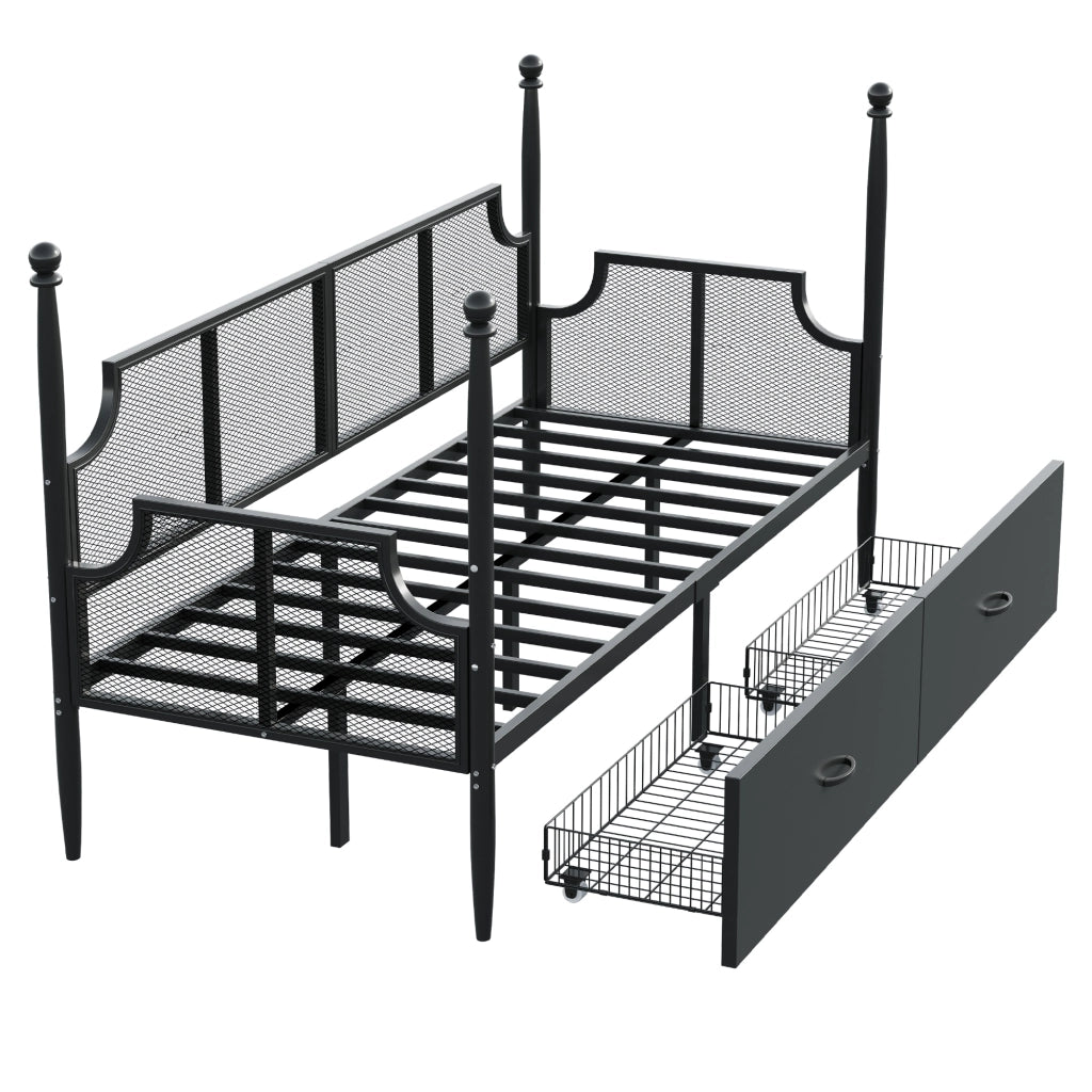 OKWISH Letto Divano 90×200 cm, Letto Singolo con 2 Cassetti, Schienale a Rete e Braccioli, senza Materasso, in Metallo, Nero