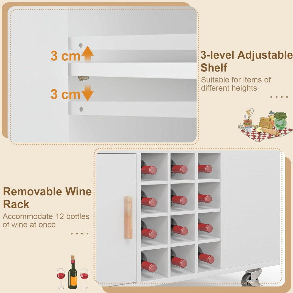 Carrello da cucina 2 in 1 con forma convertibile, isola di cucina, con ruote e spazio di archiviazione, cassetto, portabottiglie e ripiano regolabile, mobile per sala da pranzo (bianco)