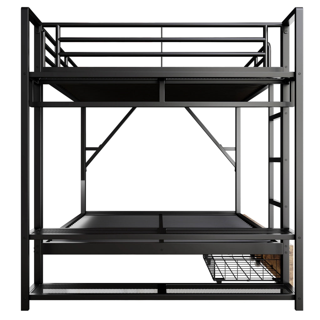 Letto a castello 140x200 cm in metallo e MDF; 2 cassetti; ripiani; LED; asta appendiabiti; nero