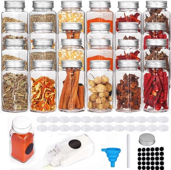 Set di contenitori per erbe da 24, contenitori per erbe quadrati da 120 ml con cappuccio a vite, contenitori per erbe in vetro per la conservazione delle erbe con beccuccio, spazzola, etichette, penna per la marcatura.