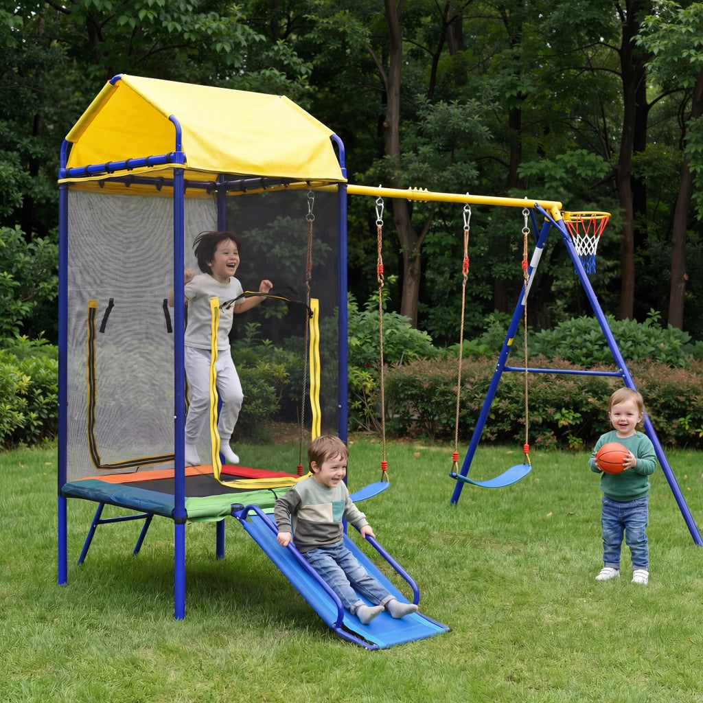 Parco giochi da esterno 4 in 1 con trampolino; doppia altalena; scivolo e canestro