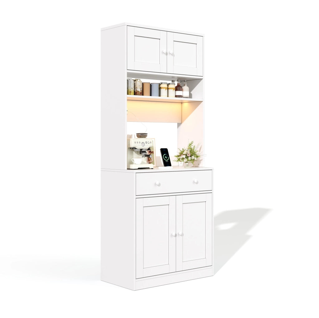 Credenza cucina multifunzione 72x40x180 cm con LED; prese USB e finitura bianca in MDF