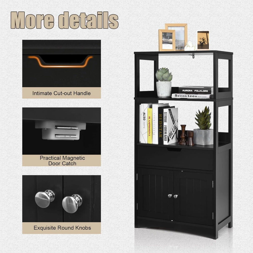 Mobile da bagno con ripiano a 3 livelli e cassetto, armadio su piedistallo per bagno, dispositivo antiribaltamento, mobiletto portaoggetti 60 x 32,5 x 122 cm (nero)