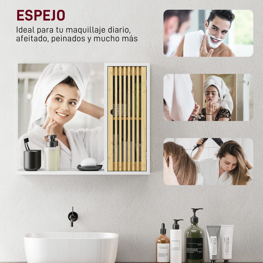 Specchio da Bagno con Ante e Ripiani ¨C zephmum ¨C 60x50 cm Bamb¨´ Bianco e Naturale