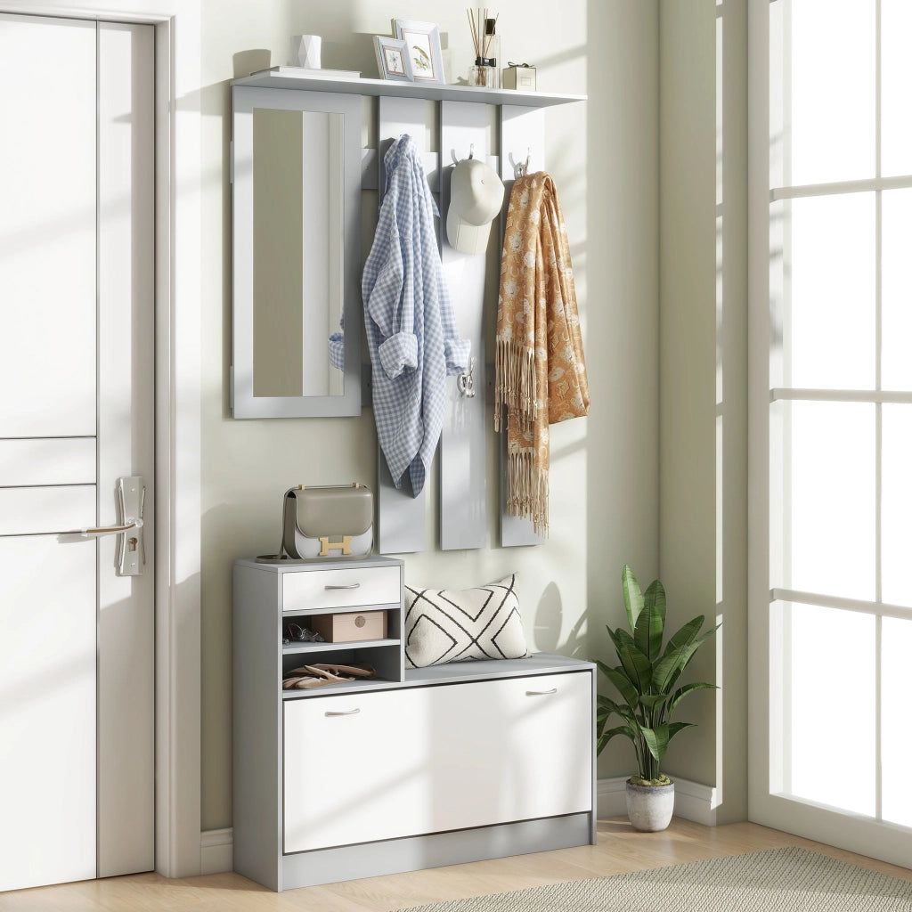 Mobile Guardaroba per Ingresso con Specchio Appendiabiti e Scarpiera Regolabile 90x24x177 cm Bianco e Grigio