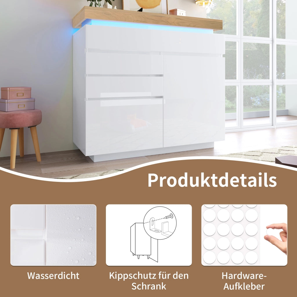 Cassettiera con 2 Ante e 3 Cassetti e LED con Controllo App; Finitura Lucida; in Pannello Truciolare; Bianco; 110??39??115 cm
