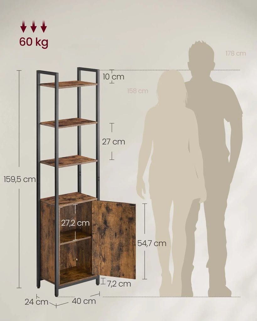 Libreria verticale a 6 ripiani con anta struttura in metallo ripiani regolabili 24 x 40 x 159,5 cm per soggiorno/camera da letto marrone 12_0004283