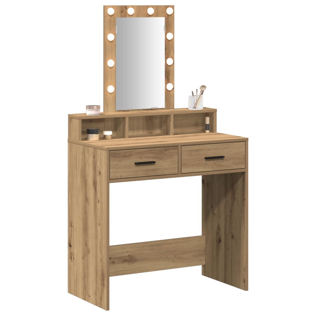 Tavolo da trucco  con luci LED in Rovere, artigianale, 79x41x140 cm