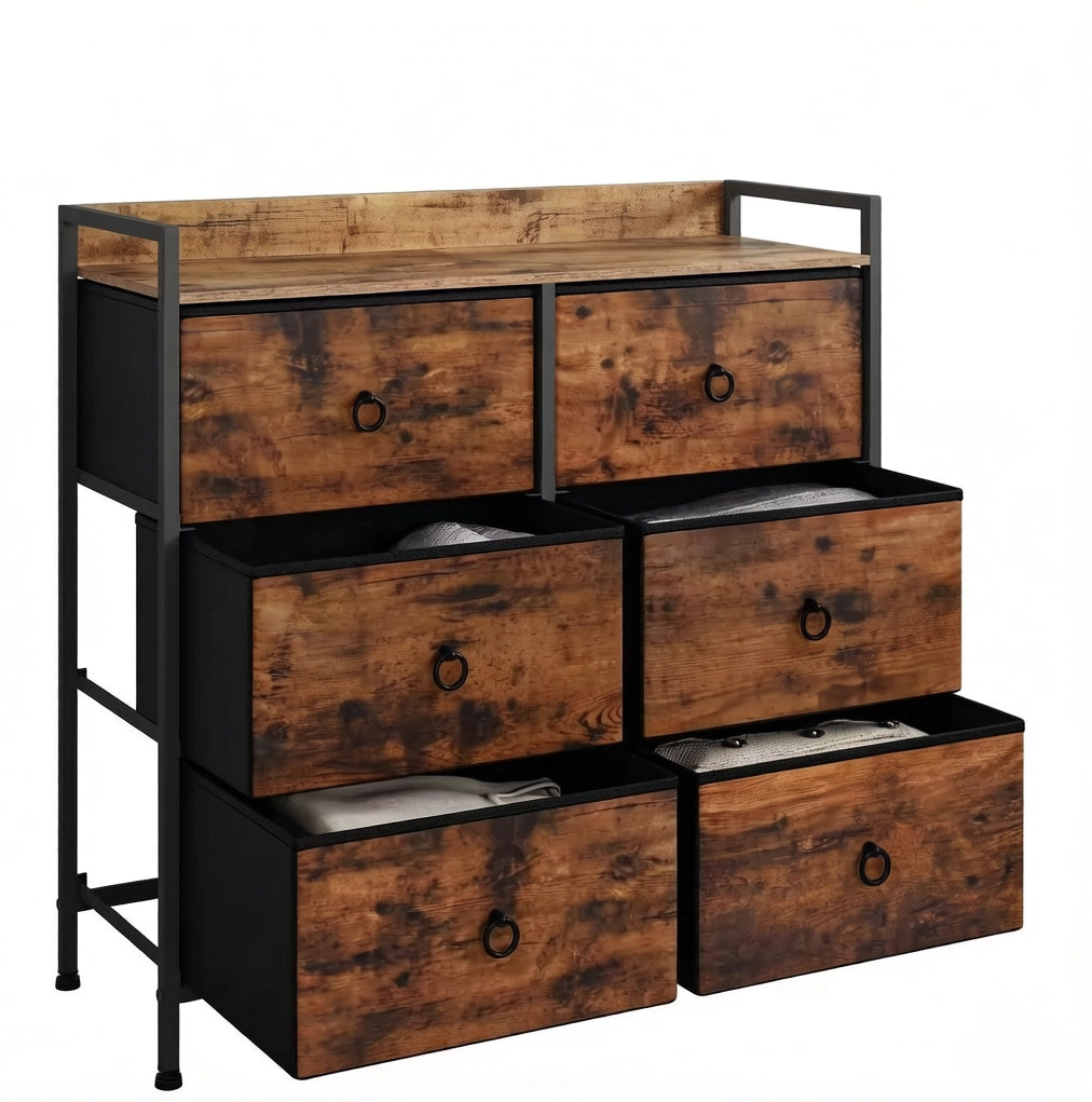 Mobile con 6 cassetti in legno ingegnerizzato e metallo, 80x29x78 cm, colore marrone rustico e nero