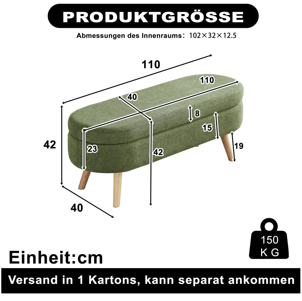 Panca Contenitore in Chenille 110 cm con Vano Ventilato Verde per Camera e Ingresso
