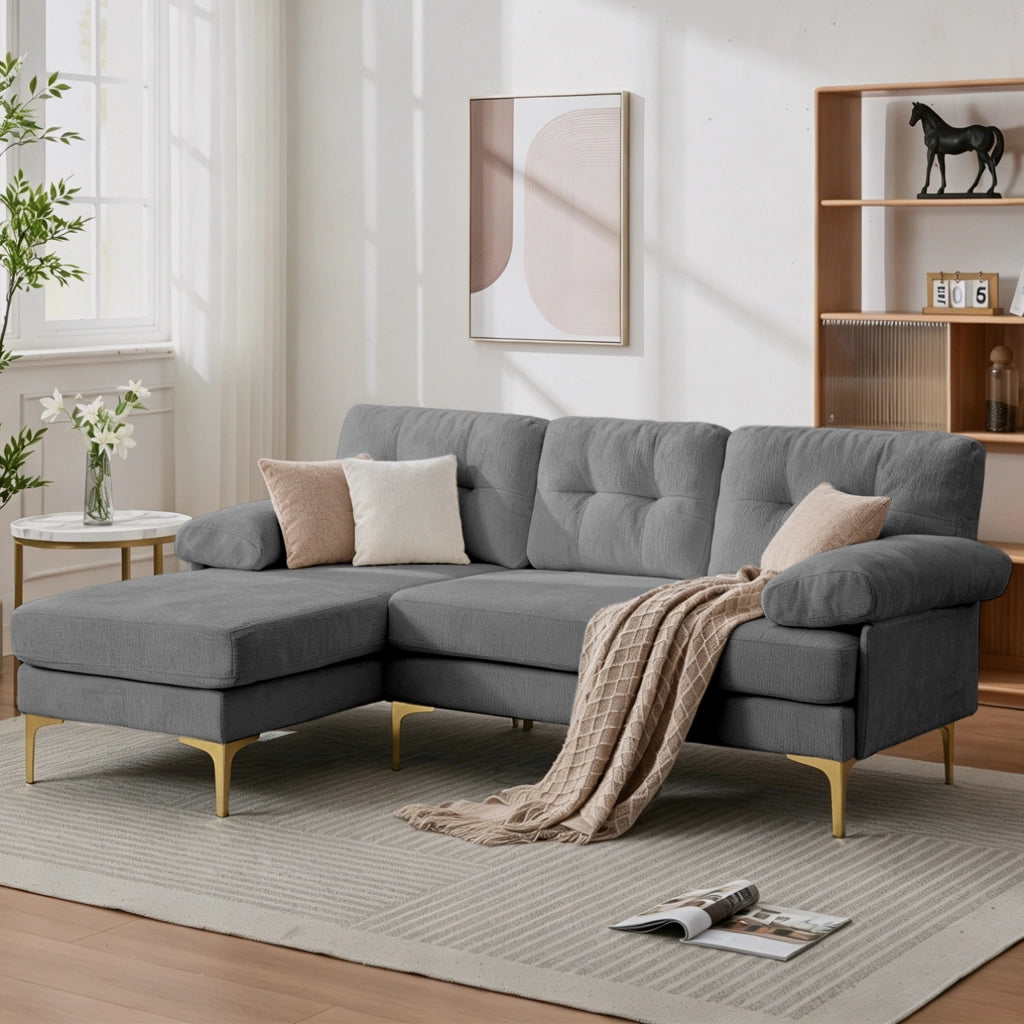 Divano angolare 3 posti con chaise longue reversibile; in chenille grigio