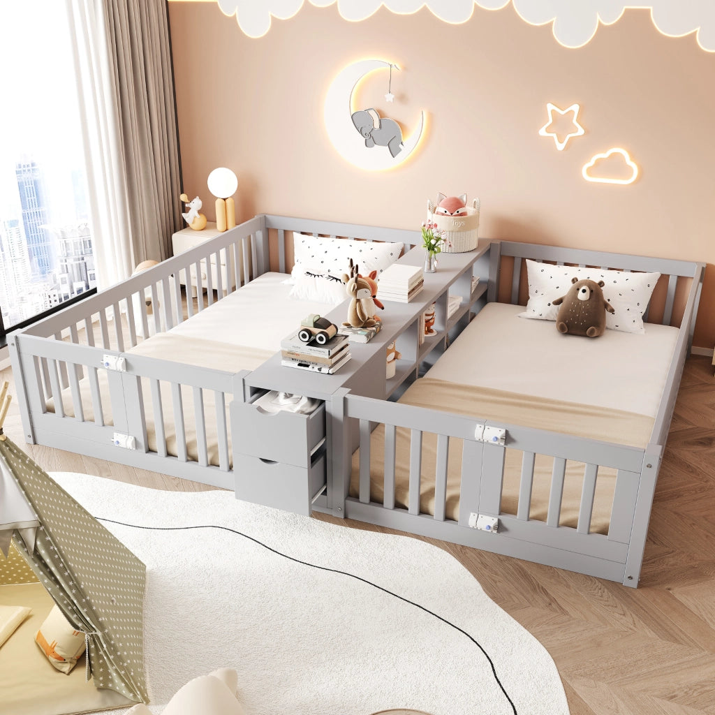 LETTO per bambini 90x200 cm in legno grigio con ripiani e 2 cassetti