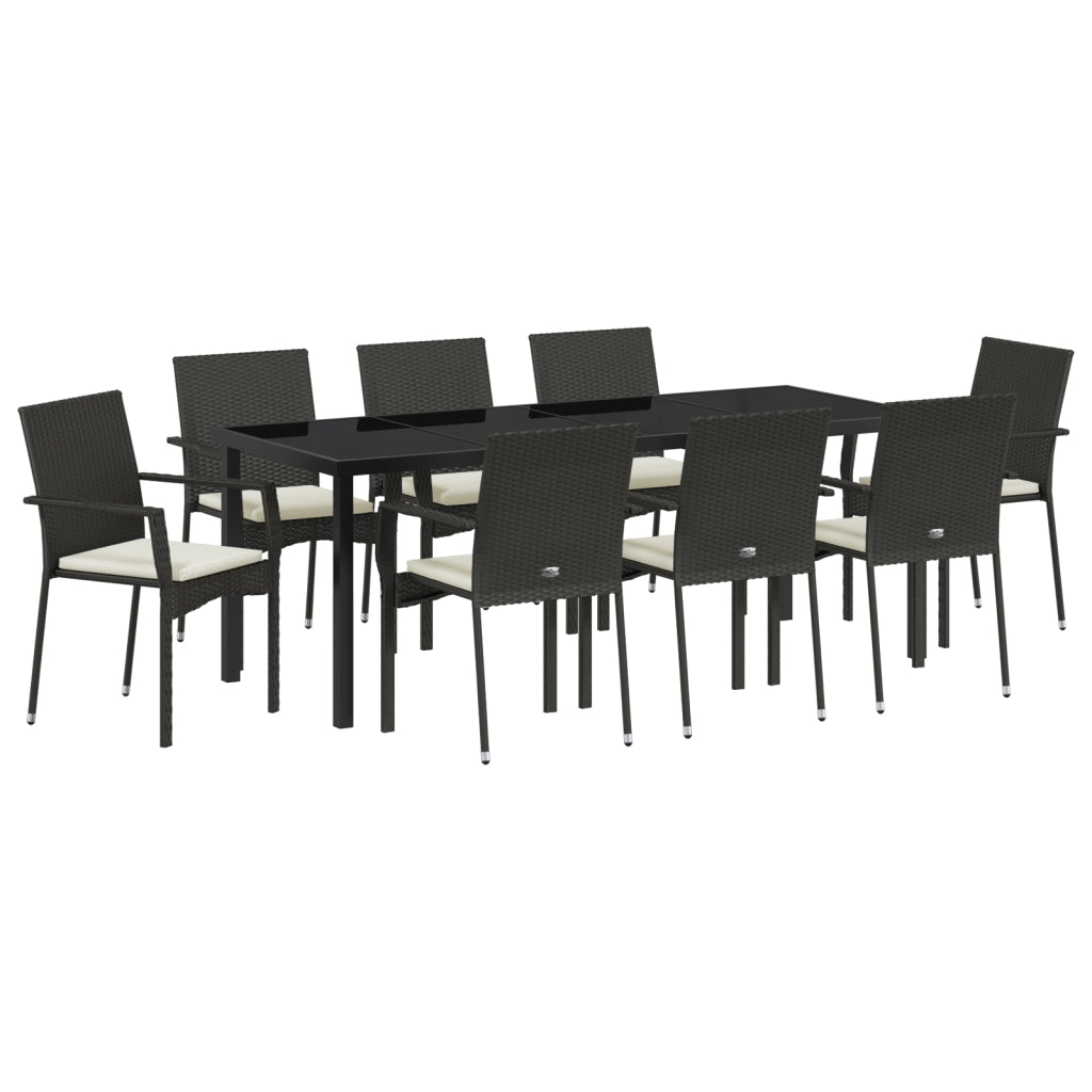 Set pranzo giardino 9 pezzi cuscini Nero Polyrattan