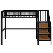 Letto a soppalco singolo 90×200 cm con scala; armadio e rete in metallo; senza materasso; nero