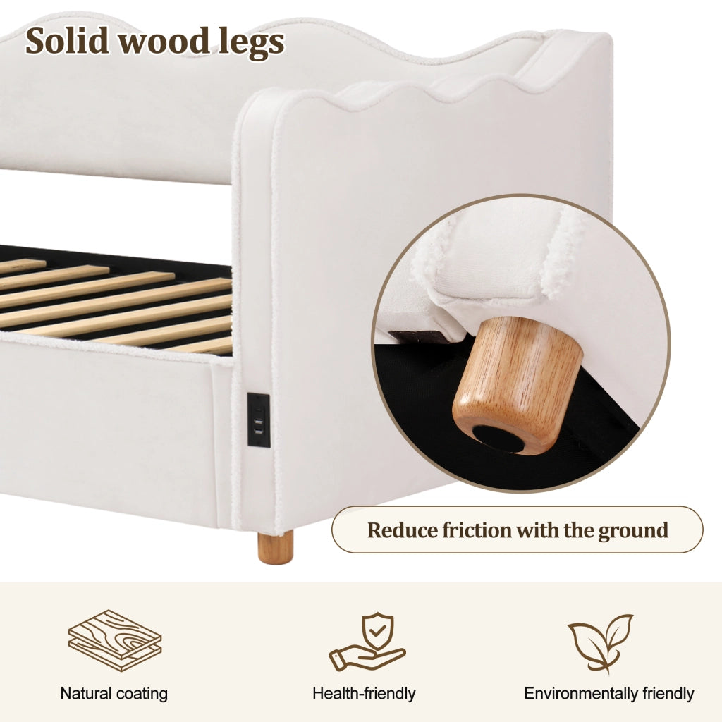 Letto contenitore per bambini 90 × 200 cm con contenitore idraulico, USB e Type-C, senza materasso, in velluto beige