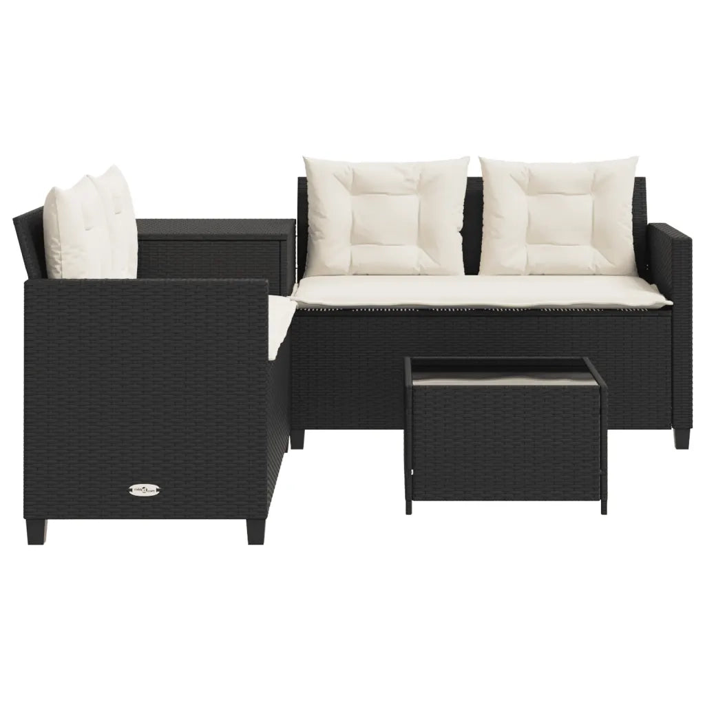 Divano da Giardino con Tavolo e Cuscini a L Nero in Polyrattan 369027