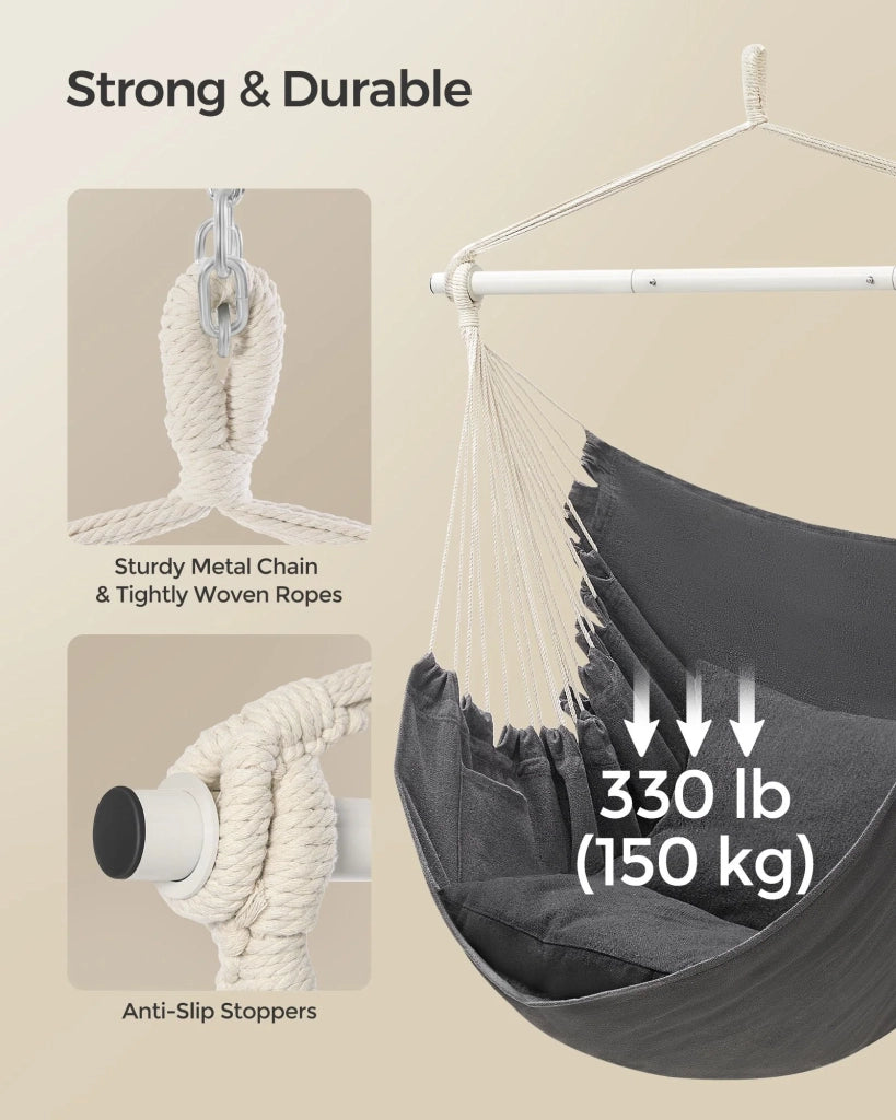 Sedia sospesa comoda seduta a dondolo per la casa con 2 cuscini catena in metallo capacità di carico 150 kg uso interno/esterno soggiorno/camera da letto grigio 12_0005926