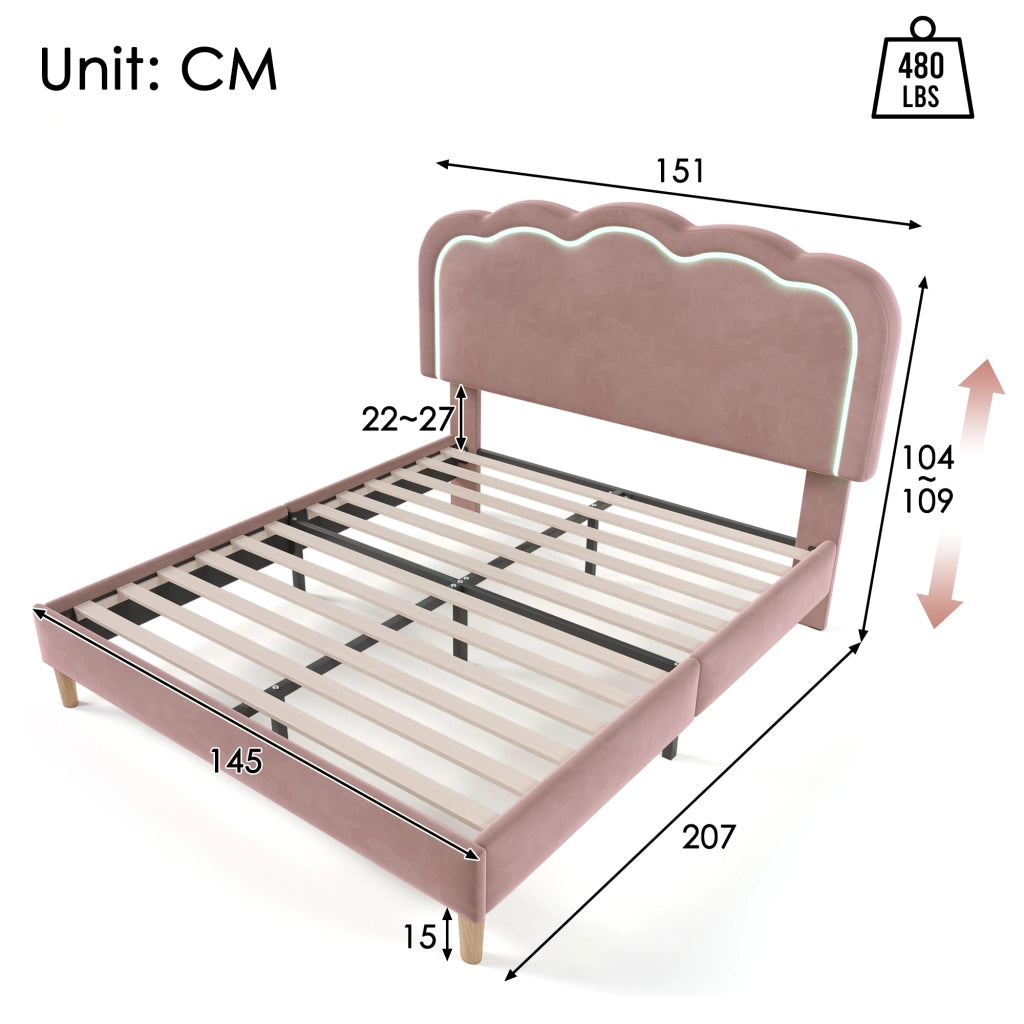 Letto matrimoniale LED – 140x200 cm – testiera regolabile rete – velluto rosa