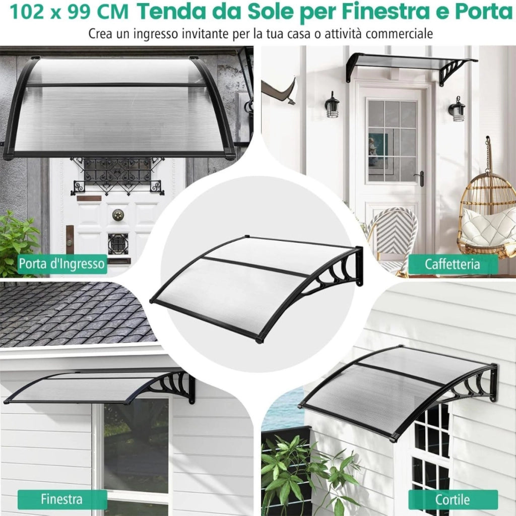 Tettoia per porta finestra a scorrimento da 102x99cm, Tettoia da esterno per protezione da sole pioggia neve Grigio-Tende parasole