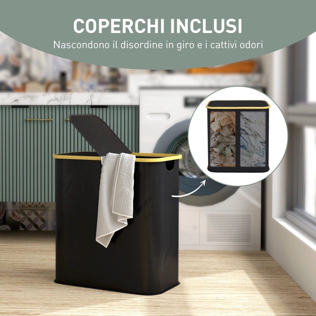 Cesto Portabiancheria da 80L a 2 Sezioni con Coperchio 54x34x58,5 cm in Tessuto non Tessuto e Bambù Nero