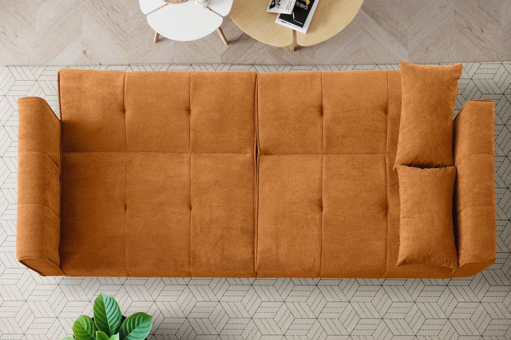 Divano letto futon pieghevole con struttura in legno e piedi in metallo in tessuto a coste arancione per salotto e studio