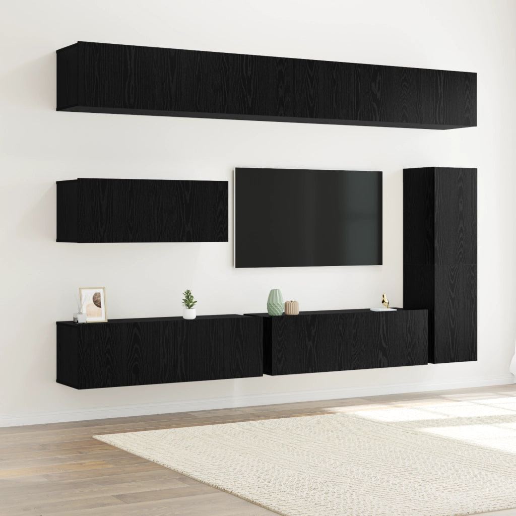 Set di mobili TV da 7 pezzi montato a parete in rovere nero in legno ingegnerizzato