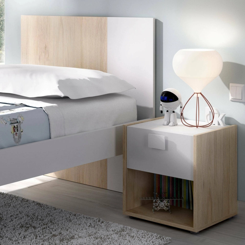 Comodino Artica, Tavolino da notte, ComÒ² basso a 1 cassetto, 40x33h42 cm, Bianco e Rovere