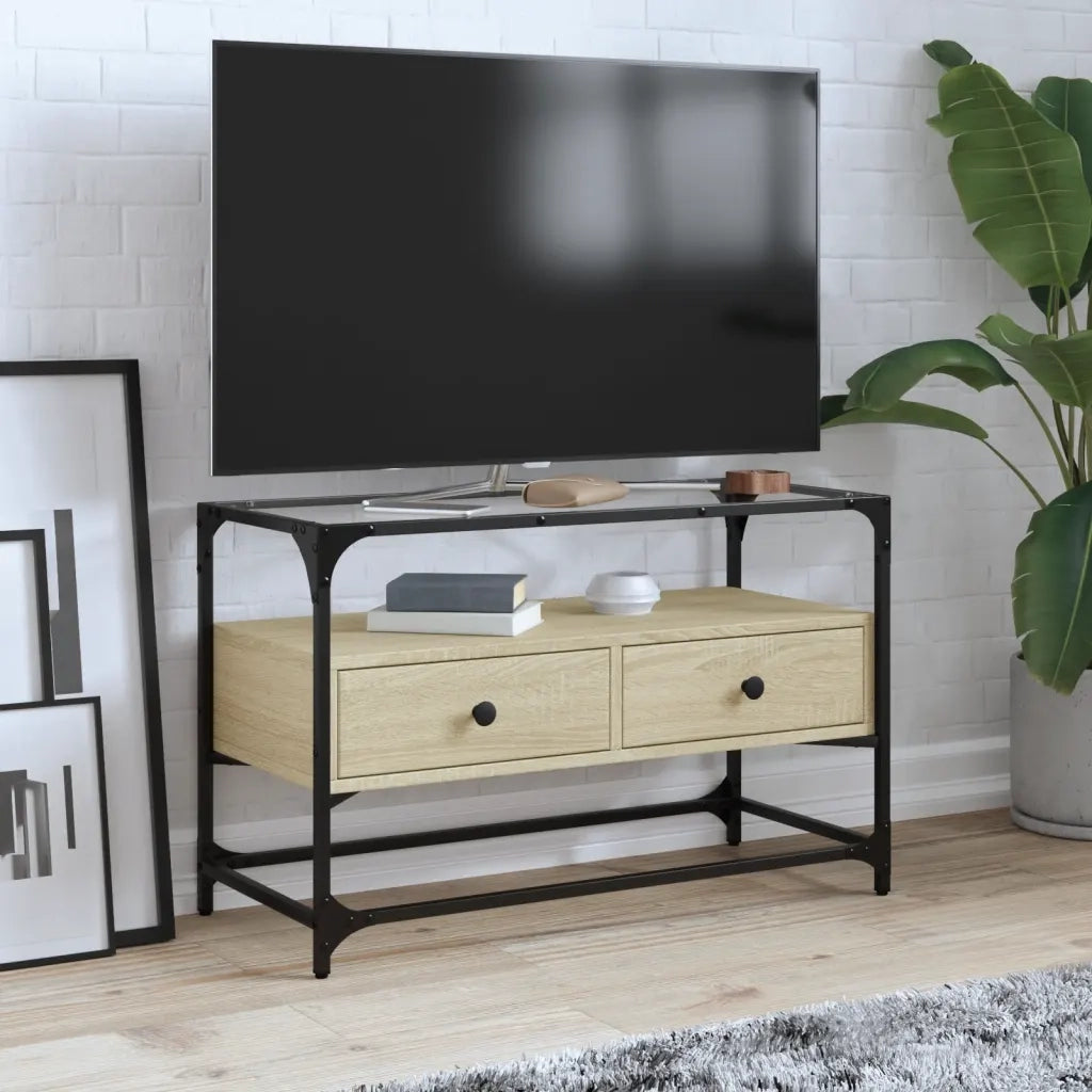 Mobile TV Piano-Credenza per TV-Console TV Vetro Rovere Sonoma 80x35x51 Legno Multistrato