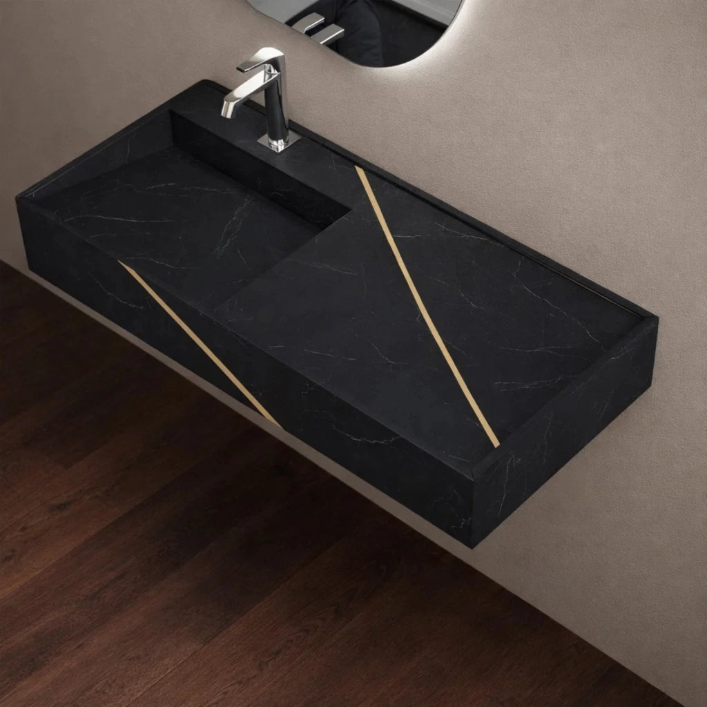 Lavabo consolle sospeso astrid artificial stone nero e nocciola venato elegante moderno *** finitura- nero, confezione 1