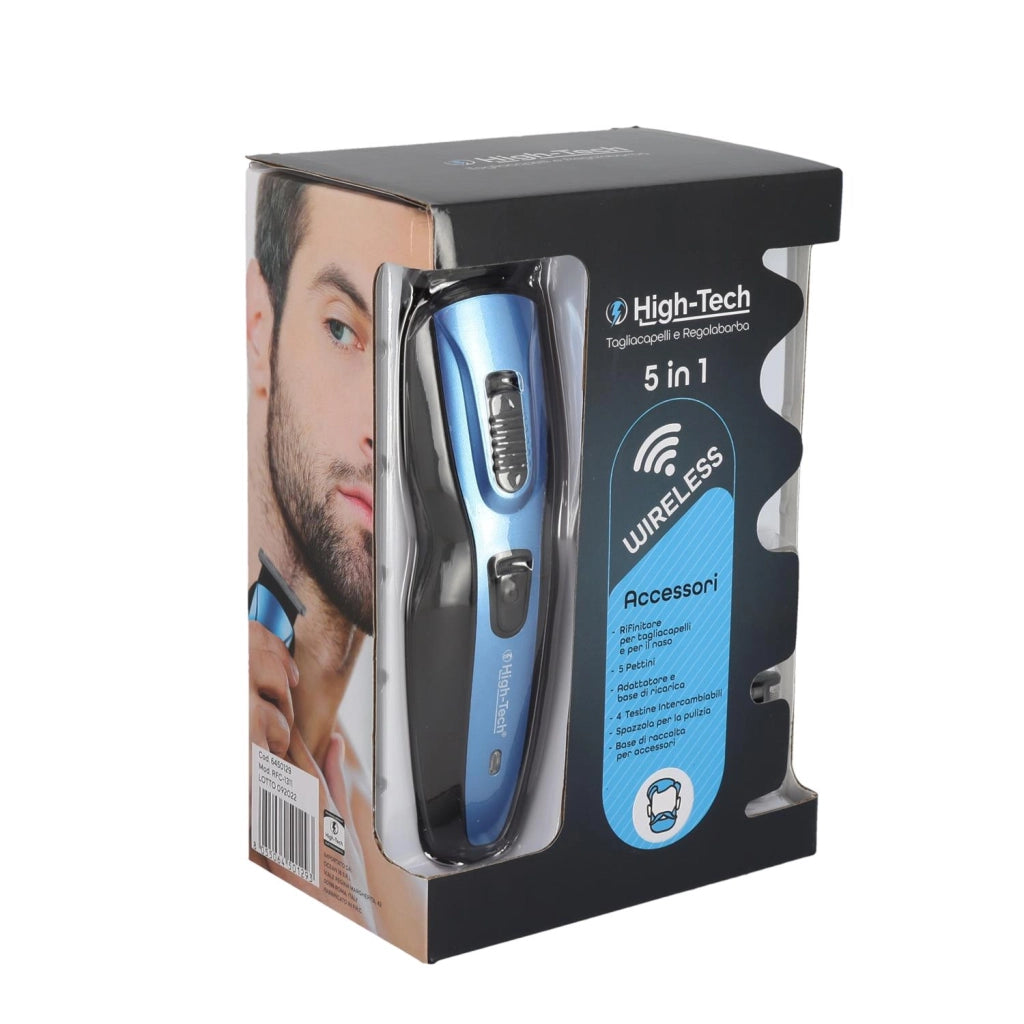 HIGH-TECH TAGLIA CAPELLI E REGOLABARBA WIRELESS 5 IN 1 CON AUTONOMIA DI RICARICA DI 60 MINUTI ASENZA FILI