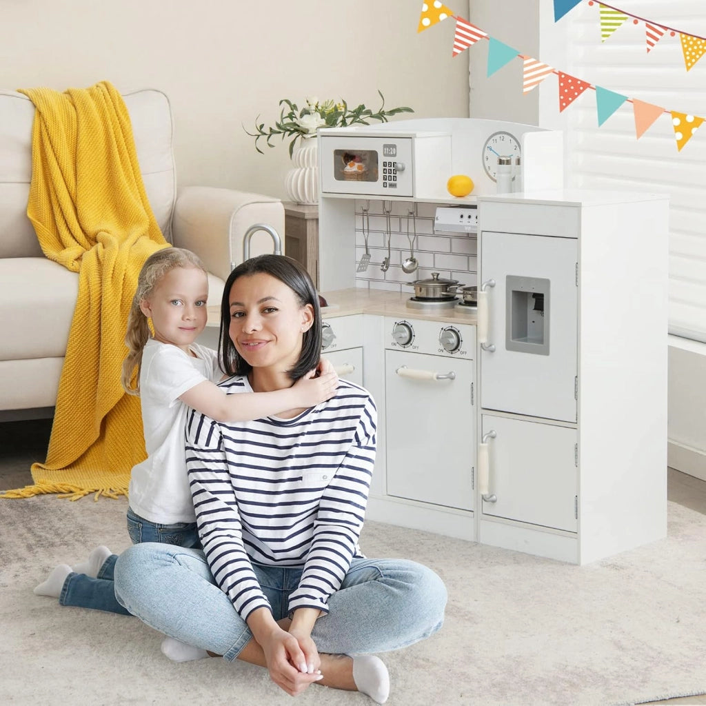 Cucina Giocattolo per Bambini, Cucina per Bambini in Legno con Lavello, Fornelli, Cappa, Frigorifero e Distributore d'Acqua, 3 Anni+