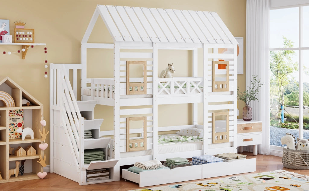 Letto a castello con protezione anticasco in legno massello e MDF 90x200 cm