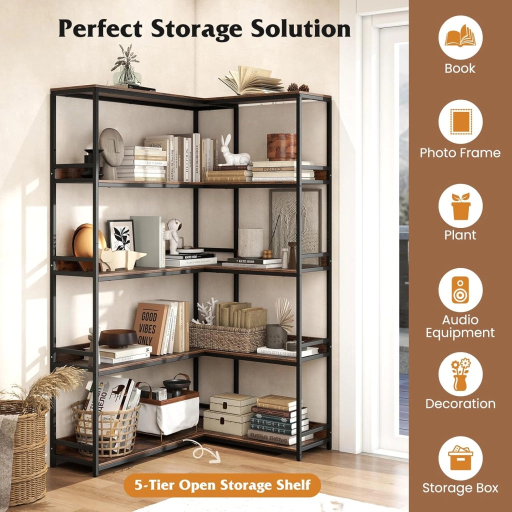 Scaffale multifunzionale a 5 livelli, libreria a forma di L con struttura in metallo resistente, ripiani aperti con bordi rialzati, 110 x 89 x 180 cm, per soggiorno, ufficio