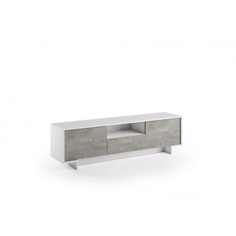 Mobile porta TV Frame 2 ante con cassetto centrale push to open bianco e cemento 170x42x48 cm - Terraneo
