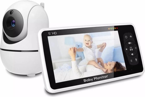Babyscherm con Sensore di Temperatura - Luce Notturna - Comando a Distanza - Musica - 5 Pollici - Schermo - Video - Babyscherm con Camera e Audio - 4X Zoom - 22 Ore di Durata Batteria - 1000ft - Portata - 2 Vie - Audio - Risparmio Energetico - Intercom