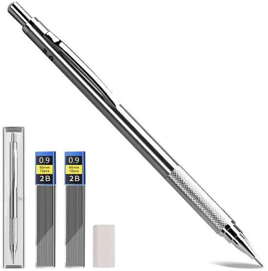 Vulppotloden 0,9 mm - Metallico Vulppotlode - 8 2B riempasti - 4 gomme - Potlode automatico - Ideale per scrivere/disegnare - Potlode meccanico
