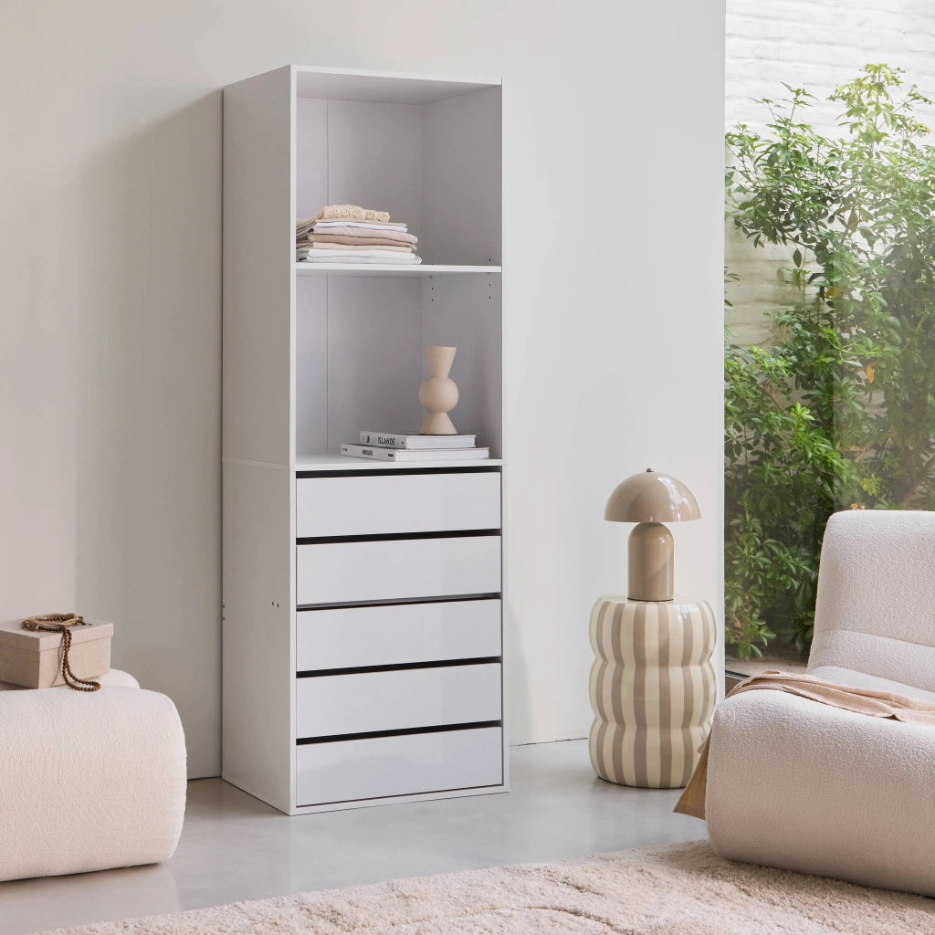 Modulo armadio con 5 cassetti e 2 ripiani, bianco