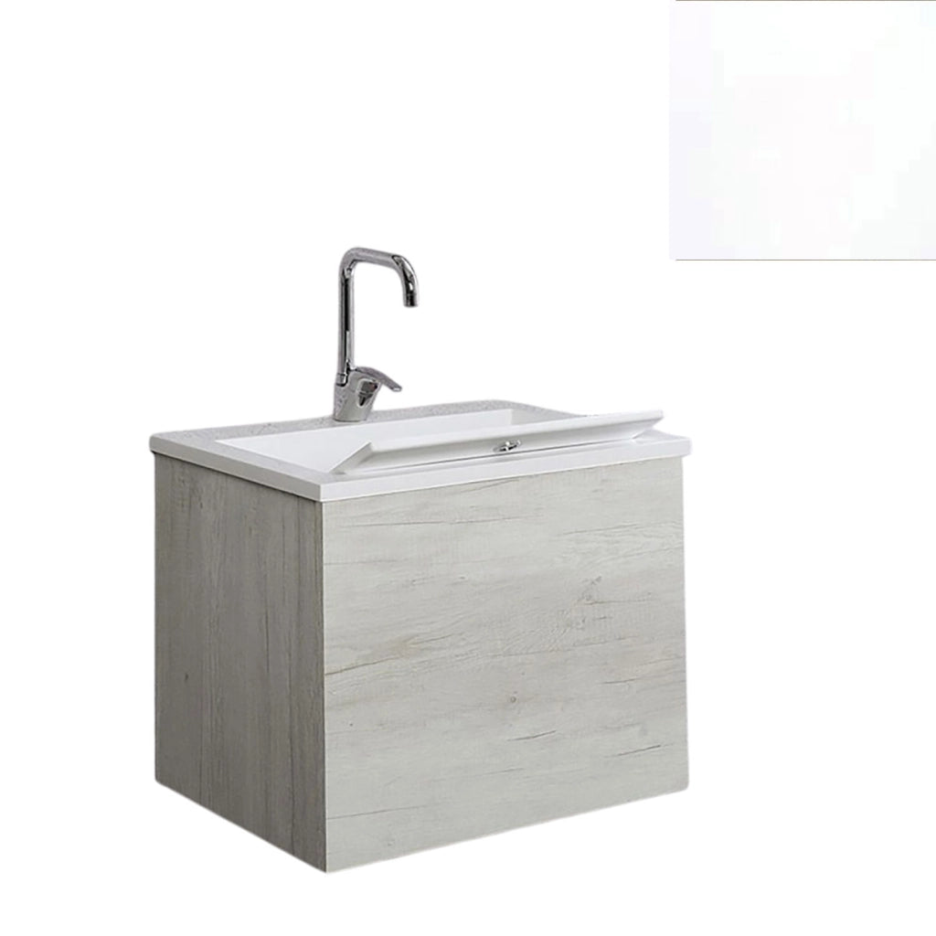Mobile Lavatoio Sospeso Vasca Zeus in MineralMarmo Apertura a Cassettone 60x48x50 cm Bianco Latte