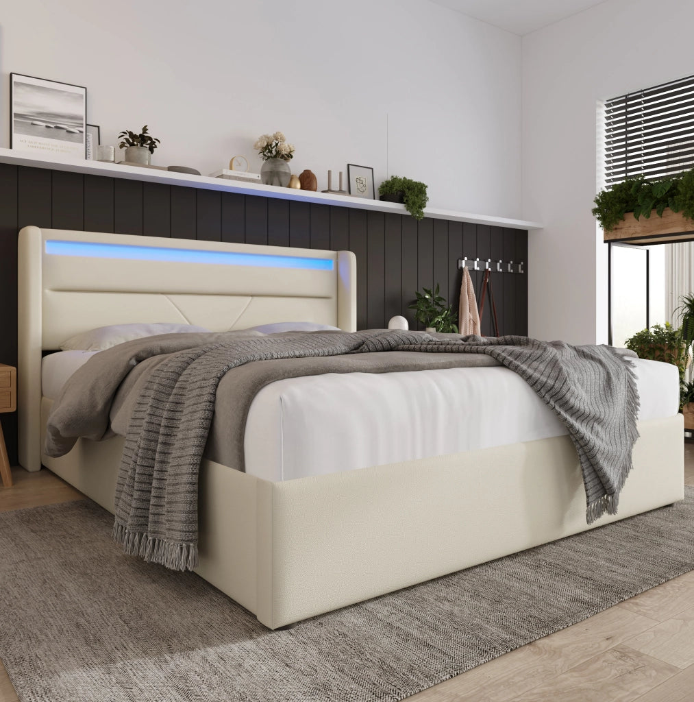 Letto imbottito 140x200 cm con LED e vano contenitore